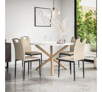 Malvern Round Dining Table And Chairs - Marble Table Top w Solid Oak Legs + Monza Faux Leather Dining Chair Set Of 4 More4Homes Beige One Size