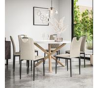 Malvern Round Dining Table And Chairs - Marble Table Top w Solid Oak Legs + Monza Fabric Dining Chair Set Of 6 More4Homes Beige One Size