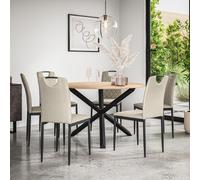 (Beige) Malvern Round Oak Effect Dining Table Set w Black Oak Legs 4-6 Monza Linen Chair