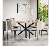 Malvern Round Dining Table And Chairs - Oak Table Top w Solid Oak Black Legs + Monza Fabric Dining Chair Set Of 4 More4Homes Beige One Size