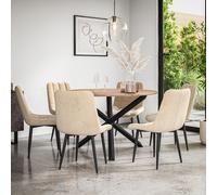 (Beige) Malvern Round Oak Effect Dining Table Set w Black Oak Legs 4-6 Nova Velvet Chair