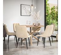 More4Homes Malvern Round Dining Table And Chairs - Oak Table Top W Solid Oak Legs + Nova Velvet Dining Chair Set Of 6 (Beige)