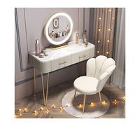 Beige Modern Vanity Desk with Smart Makeup Mirror, Wood Dressing Table for Bedroom, Simple Glass Surface, Backrest Makeup Chair, Stylish and Functional Makeup Station