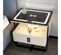 Beige Nightstand with LED Strip Lights & Charging Station, Password-Protected Drawer, Adjustable Brightness & 3 Color Options - Smart Bedside Table for Bedrooms