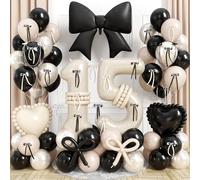 Beige Number 15 Balloon 40 Inch, Double Stuff Pearl White Black Cream Latex Balloons Large 15 Digital Bow Heart Foil Balloon with Ribbon Bow for Girls Coquette 15th Birthday Anniversary Party Decor