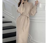 (beige, one size) Autumn and winter pullover new style French temperament paired sweater inside long over the knee bottom knit dress women