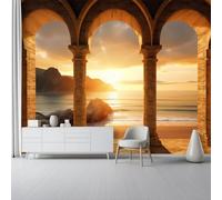 Beige Orange Non-Woven Wall Murals - Simple Natural Landscape Beach Wallpaper for Living Room Tv Backdrop Kids Room Decor, Easy to Install, 350 X 256 Cm (W X H)