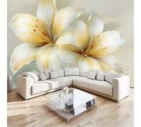 Beige Photo Mural- 500 x 280 cm Non-Woven Premium Fleece Wall Wallpaper- Flowers Lilies Fluid Art Bedroom Living Room Decoration Poster