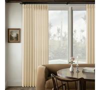Beige Pinch Pleat Linen Curtains for Patio Sliding Door 72 Inch Width 120 Inches Long Light Filtering Semi Sheer Custom Cotton Extra Wide 72 x 120 Curtain Panels for Living Dining Room Balcony 10FT