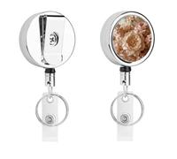 Beige Pink Floral Badge Holder Retractable Metal Clip Portable Nylon Cord Stainless Steel Cord Key Chain 26.8 Inch for ID Card Name Card Clip