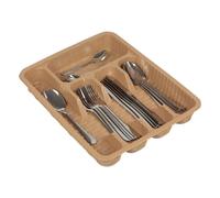 (Beige) Plastic Woven Rattan Cutlery Utensils Holder Flatware Drawer 5 Section Organiser