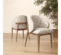 Beige Printed Upholstered Curved Dining Chair With Oak Legs - Kori
