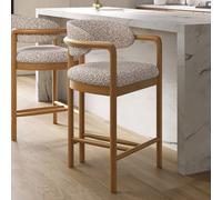 Beige Printed Upholstered Kitchen Stool with Solid Wood Exposed Back - Darla