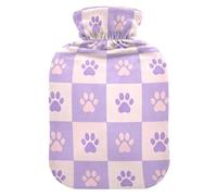 Beige Purple Checkers Dog Paw Prints hot Waterbottle with Soft Cover, 2L hot compresses for The Body for Hand Feet Warmer