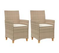 (beige, rattan armrest) vidaXL Garden Chairs with Cushions Patio Seat 2 pcs Poly Rattan and Solid Wood
