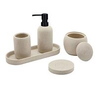 Beige Resin Bathroom Accessory Set, 5 Pcs Bathroom Accessories Set with Lotion Dispenser,Soap Dish,Toothbrush Holder,Vanity Tray,Qtip Holder Dispenser, Modern Bathroom Decor and Housewarming Gift Set