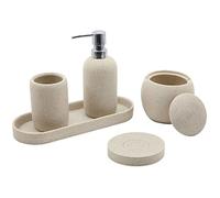 Beige Resin Bathroom Accessory Set, 5 Pcs Bathroom Accessories Set with Lotion Dispenser,Soap Dish,Toothbrush Holder,Vanity Tray,Qtip Holder Dispenser, Modern Bathroom Decor and Housewarming Gift Set