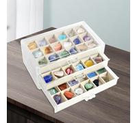Beige Rock Collection Box - 3 Drawer Jewellery Organiser with 54 Grids - 23.5×15.5×10.5cm Crystal Display Case for Kids Rocks