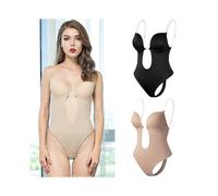 (Beige, S(32)) Women Plunging Deep V-neck Body Shaper Strapless Backless Bodysuit Shapewear U Plunge Seamless Thong Full Bodysuits