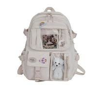 Beige School Bags for Girls Cute Backpack with Bear Pendant Large Capacity Kawaii Rucksack with Cartoon Pin and Card Aesthetic Multi Pocket School Bag Back to School Teenage Secondary Primary Middle