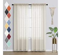 Beige Sheer Curtains 96 Inch Length for Living Room Set 2 Panels Rod Pocket Linen Look Boho Light Filtering Cream Ivory Semi Sheer Curtain Drapes 96 Inches Long for Bedroom Patio Sliding Glass Door