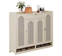Beige Shoe Storage Cabinet 8-Tier Tall with 4 Doors & 1 Flip Drawer Narrow Hidden Shoe Rack for Entryway Hallway Living Room - Solid Wood Design