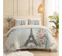 Beige Single Size Duvet Cover Set 3 Piece, Eiffel Tower Floral Leaves Brushed Microfiber Bedding Set with Zipper, French Vintage Soft Reversible Printed Quilt Cover with 2 Pillowcases, 135 x 200 cm