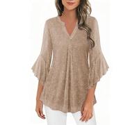 Beige Sparkly Tops for Women UK Ladies Solid Mesh Glitter Tops 3/4 Sleeve Tunic V-Neck Sparkly Chiffon Blouse for Party Evening UK