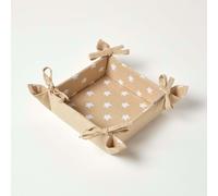 HOMESCAPES Reversible Bread Basket Double Design Fabric Stars Beige Foldable Basket for Buns Eggs Baked Goods 100% Cotton Cover