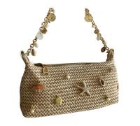 Beige Straw Beach Shoulder Bag with Seashell, Starfish, Pearl Charms, Gold Chain Strap, Woven Texture, Summer Nautical Style