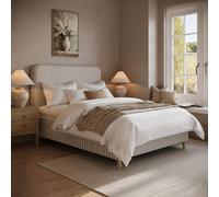 Beige Striped Upholstered Double Ottoman Bed with Curved Headboard - Farrow