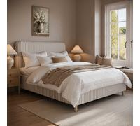 Beige Striped Upholstered King Size Ottoman Bed with Curved Headboard - Farrow