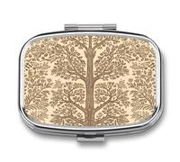 Beige Style Tree Pill Box 2 Compartment, Portable Pill Case with Mirror for Pocket Purse Travel, Mini Metal Medicine Organizer for Vitamins Fish Oil