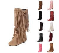 Beige suede ankle boots Boots for Women UK Plus Size Comfortable Waterproof Fringe Booties Inside Booster Mid Length Shoes Autumn And Winter Fashion Pull On Calf wide calf cowboy Booties for women