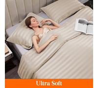 (Beige, Super King: 260 X 220 CM) Luxury Duvet Cover Set Stripe Duvet Quilt Cover Stitch Bedding Set with Pillowcases