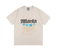Beige T - Shirt, Graphic Print with Spider Web and Blue Stars, Short Sleeve Crew Neck, Streetwear Style, Soft Cotton Fabric, Men's/Women's Casual Top for Trendy Outfits-color03||x_l