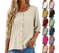 Beige Tops for Women UK Summer Casual Boho Embroidered Tunic Tops Retro Jacquard 3/4 Sleeve Button Down Blouse Loose Fit Crewneck Flowy Hem T-Shirts Holiday Beach Wear for Vacation Office
