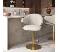 Beige Upholstered Adjustable Swivel Bar Stool with Gold Base - Ronnie
