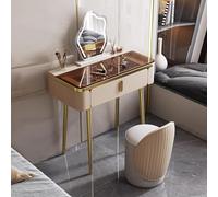 Beige Vanity Table with Mirror 80cm Stylish Makeup Desk Microfiber Leather Large Drawer Modern Dressing Table for Bedroom & Makeup Room Elegant Stool Included