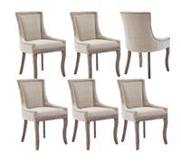 (Beige) Vintage Kitchen Dining Chairs with Linen Upholstered Fabric Set of 6 with Oak Wood Legs
