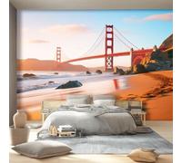 Beige Wall Mural Photo Wallpaper Mural - Natural Dreamy Golden Gate Bridge Non-Woven Decorative Wallpaper for Children's Bedroom Living Room Home Decoration, 350 x 256 cm (W x H)