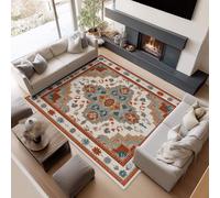 Beige Washable Area Rugs 100 x 150 cm Ethnic Patterned With Border, Super Soft Carpet for Floor Non Slip Area Carpets for Living Room Bedroom Entryway Playroom Decor Rug