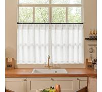 Beige White Linen Pleated Curtains 30 Inch Length Light Filtering Semi Sheer Mini Curtains Cafe Small Window Basement Bathroom Boho Farmhouse Pinch Pleat Short Semi Sheer Kitchen Drapes Camper RV