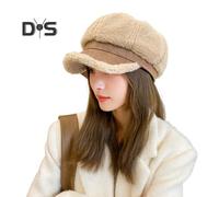 (beige) Winter Octagonal Cap Thick Plush Short Brim Contrast Color Keep Warm Peaked Cap Literary Retro Style Headwear for Work Travel Daily Wear