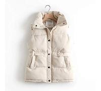 Beige Women's Down Puffer Vest Coat - Autumn Winter Loose Drawstring Stand Collar Long Jacket - Cotton Padded Windproof Warm Waistcoat Coat - Outdoor Sports Insulated Gilet