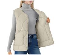 Beige Womens Gilets Sleeveless Down Coats UK Plus Size Thermal Jackets V Neck Buckle Down Vest Jacket Plain Colour Body Warmer with Pockets Outdoor Quilted Gilet Waistcoat, 3XL