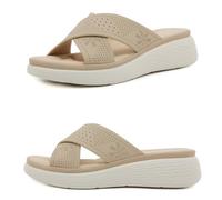 Beige Women's Open Toe Slip on Wedge Sandals Memory Foam Flatform Platform Crisscross Band Upper Fashion Slide Sandal Slides Orthotic Walking Orthopedic Sandals Ladies Footwear Size 3.5