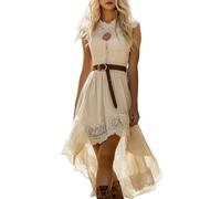 Beige Women's Vintage Western Cowboy Dress - Floral Lace Trim Off Shoulder Flare Dress Halloween Costume 70S Inspired Prairie Outfit Country Party Dresses Ladies Cowgirl Retro Cosplay Wear