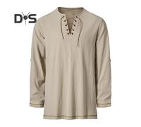(beige, XL) Men's Vintage Lace-Up T-Shirt Long Sleeve Henry Collar Top Spring Autumn Solid Color Tee Shirt for Daily Wear Performances Cosplay