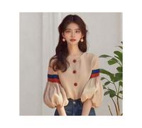 (Beige, XL) Spring Autumn French Fashion Apricot Lantern Sleeve Shirt Office Lady Elegant Chic Button Blouse Women Tops